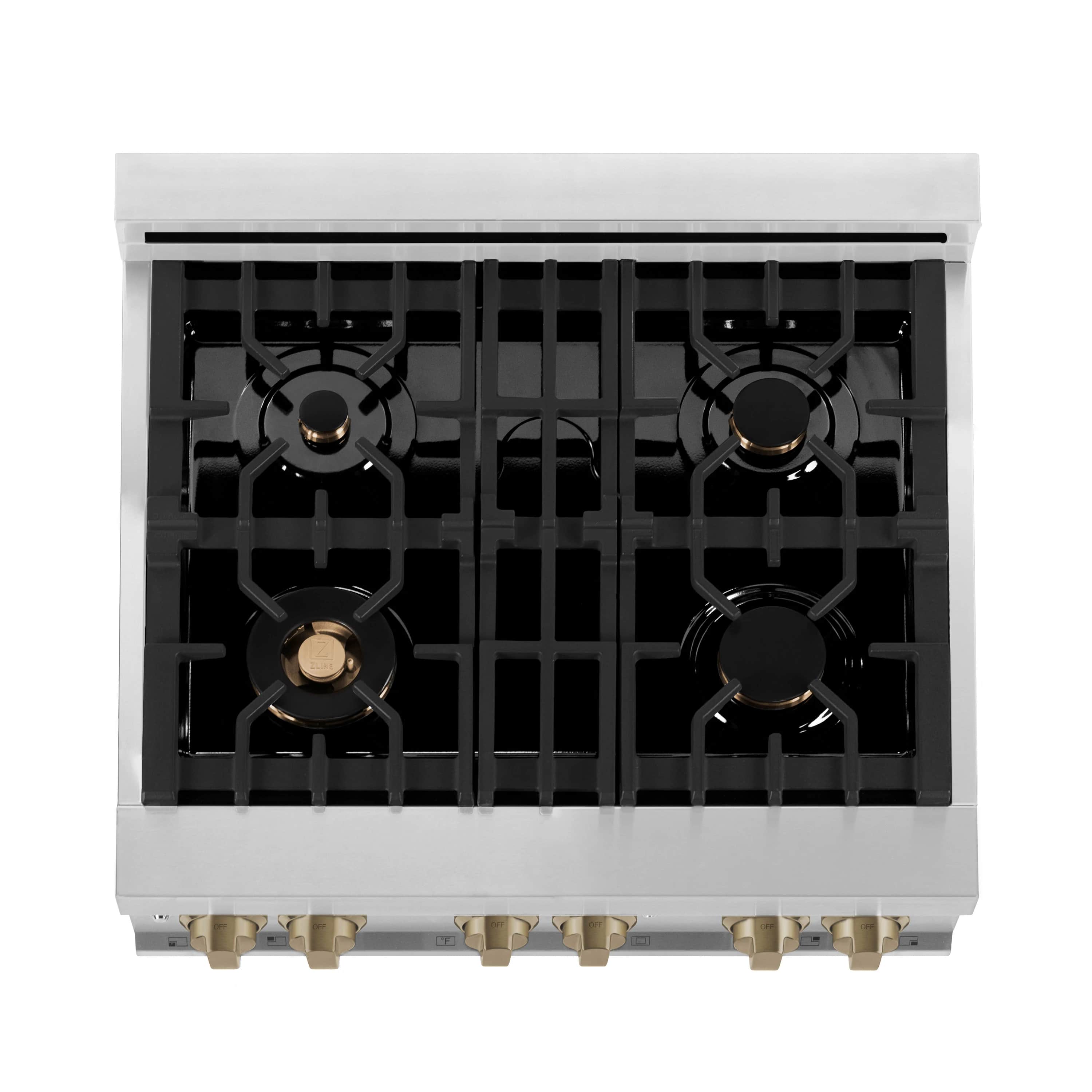 Dual fuel range oven-burner area with four black burner heads and gold centers