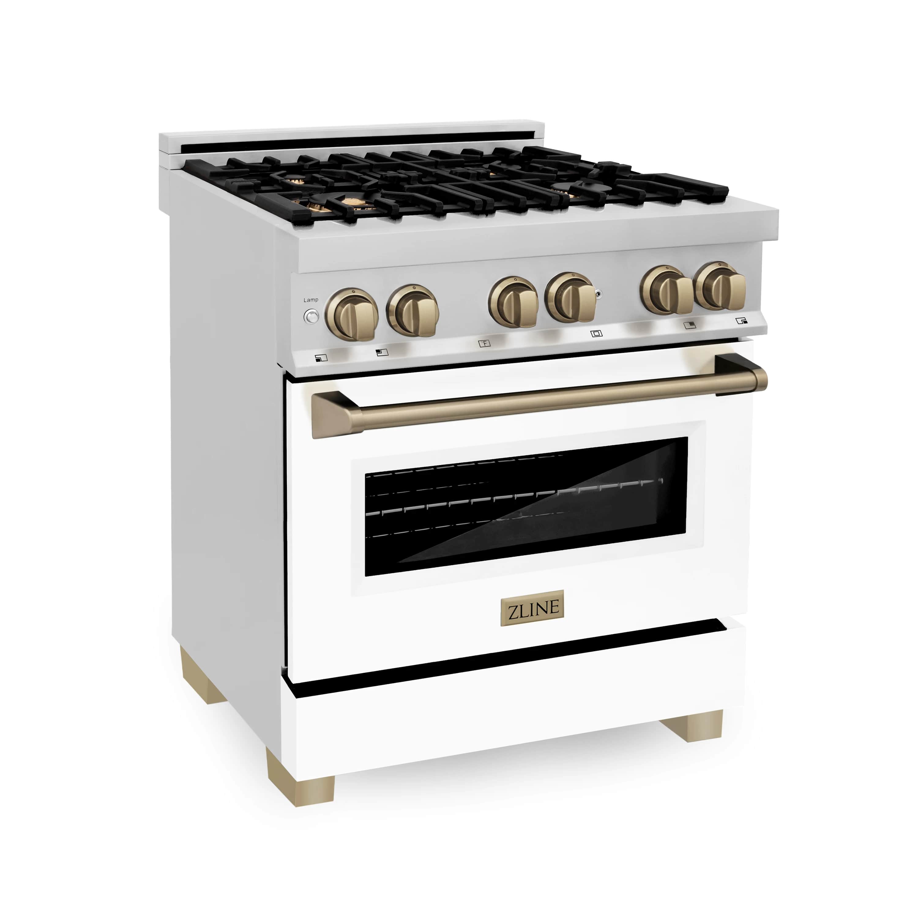 Dual fuel range with white body, black cooktop grates, and bronze control knobs
