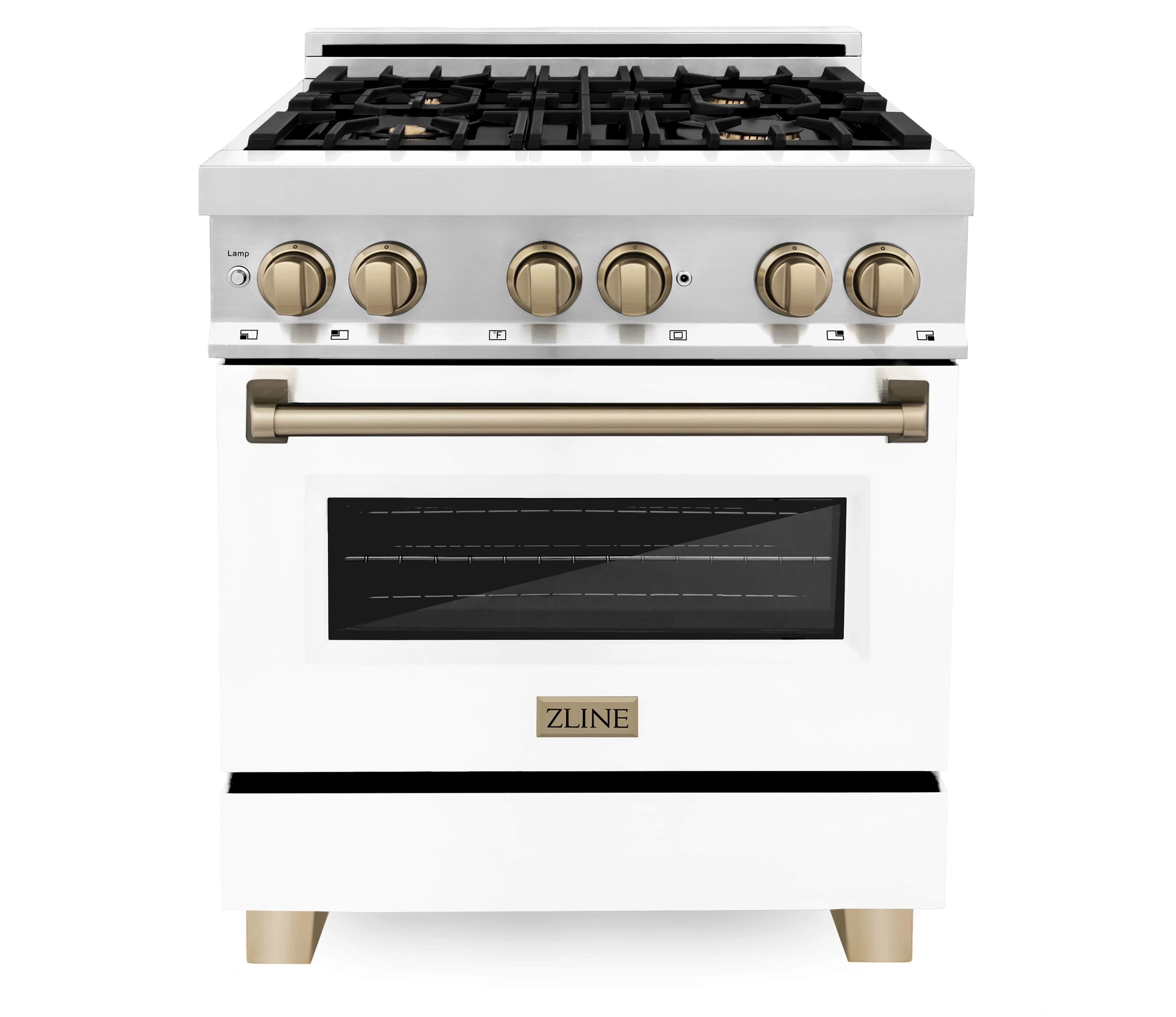 Dual fuel range front view with black grates and white oven door with bronze knobs
