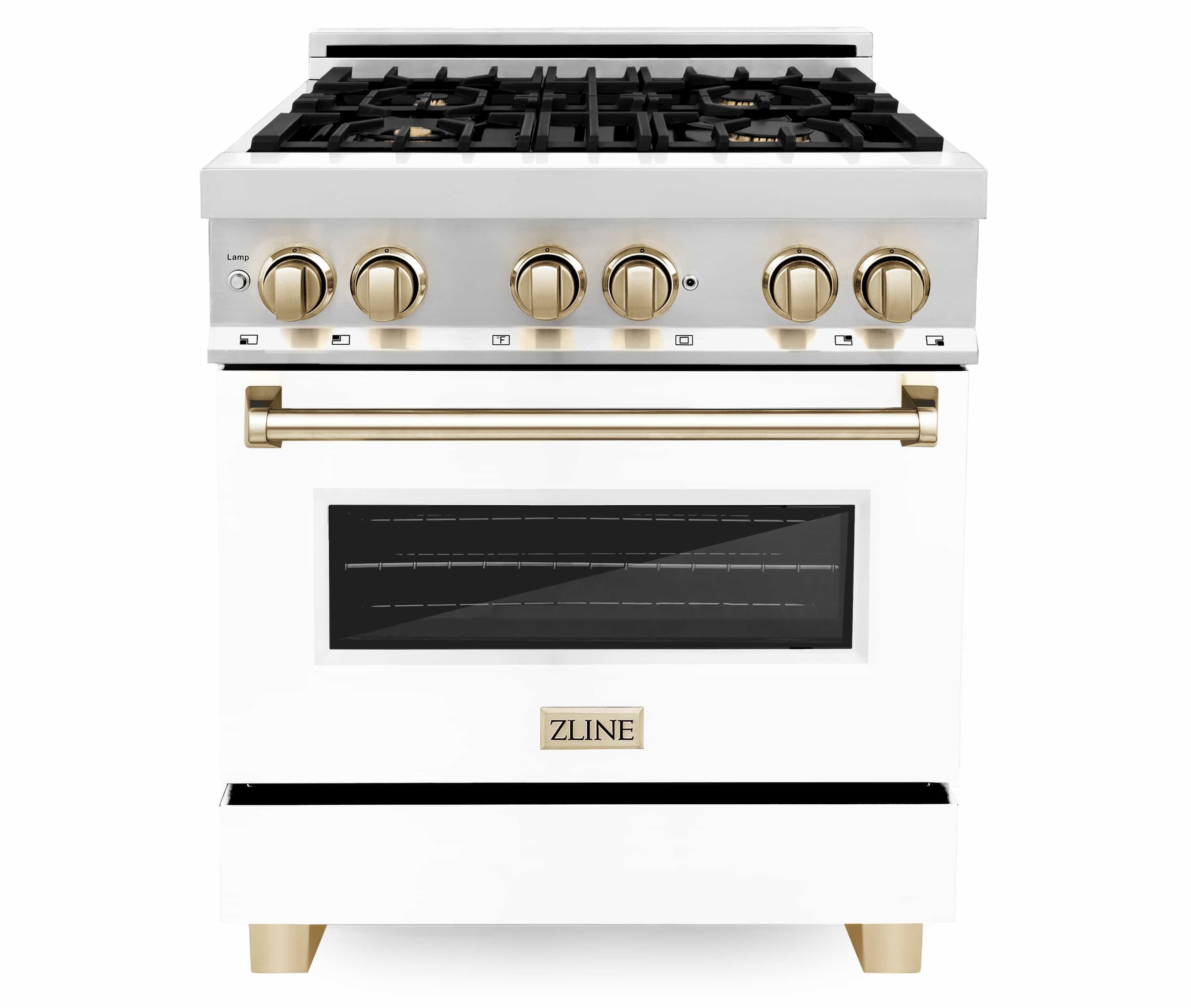 Stainless and white dual fuel range with black gas burners and glass oven door