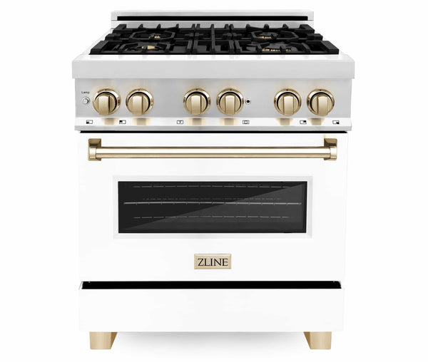 ZLINE Autograph Edition 30" 4.0 cu. ft. Dual Fuel Range with Gas Stove and Electric Oven in Stainless Steel with White Matte Door and Gold Accents (RAZ-WM-30-G) Ranges ZLINE 