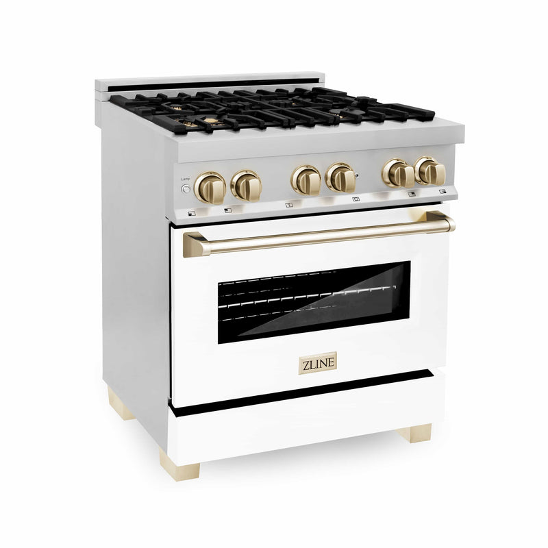 ZLINE Autograph Edition 30" 4.0 cu. ft. Dual Fuel Range with Gas Stove and Electric Oven in Stainless Steel with White Matte Door and Gold Accents (RAZ-WM-30-G) Ranges ZLINE 