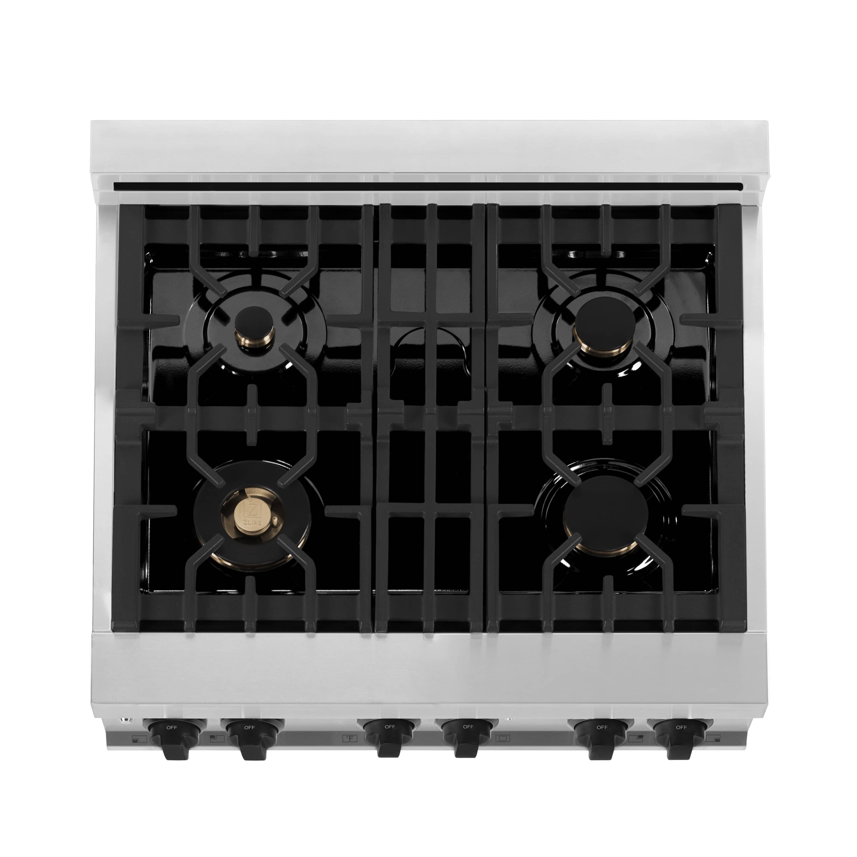 Stainless steel dual-fuel range cooktop with four black burner grates