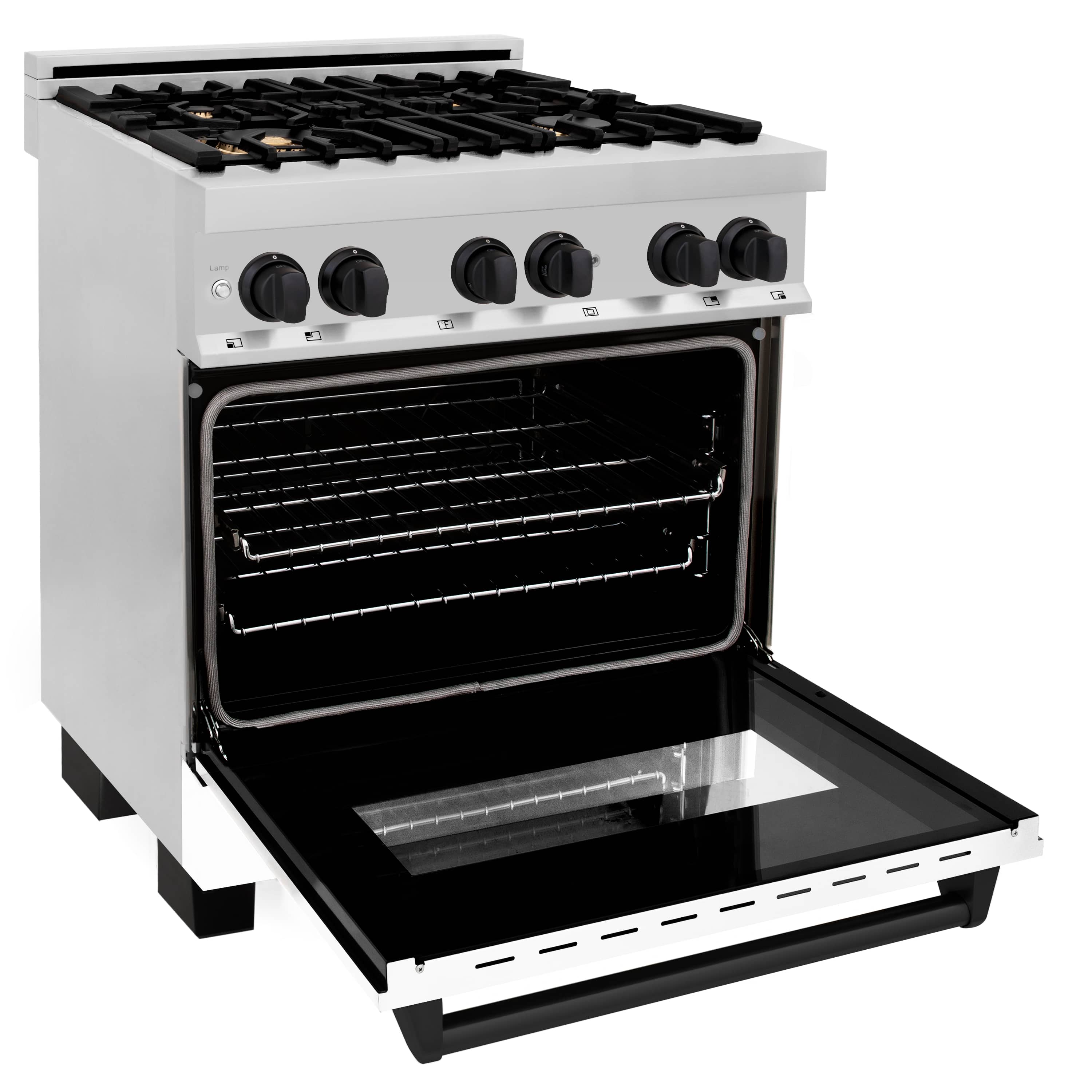 Open oven door of white dual-fuel range showing baking racks and burner controls