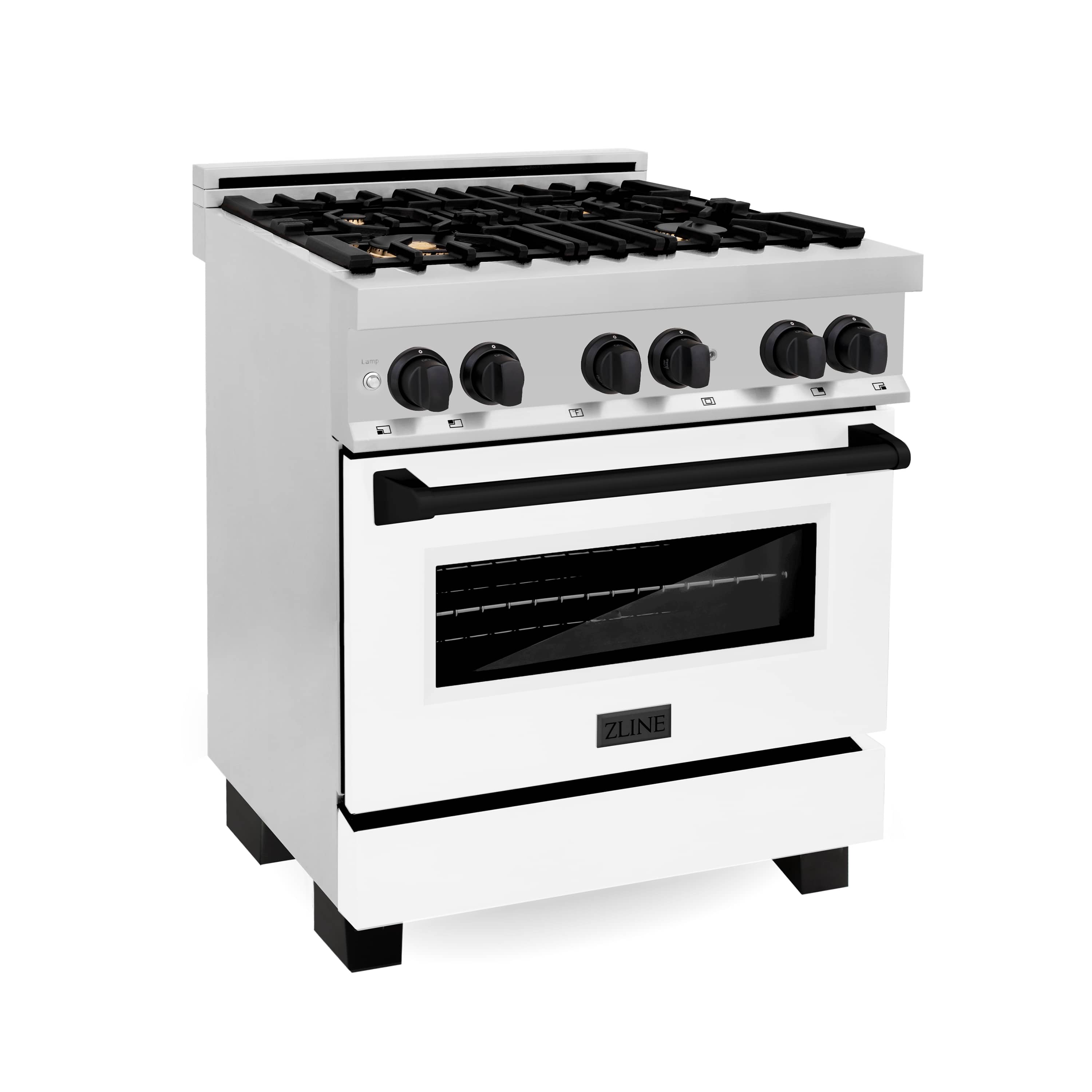 White dual fuel range with black cooktop grates, control knobs, and closed oven door