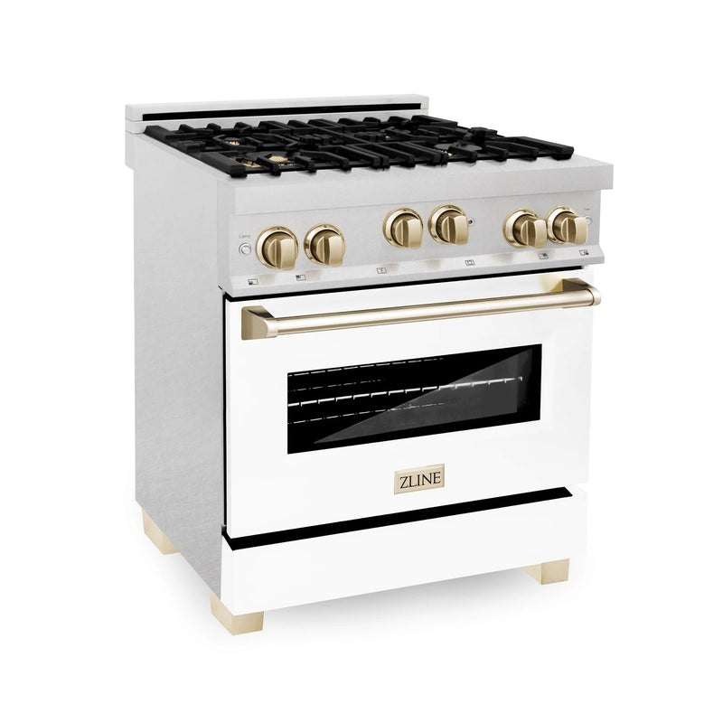 ZLINE Autograph Edition 30" 4.0 cu. ft. Range with Gas Stove and Gas Oven in DuraSnow® Stainless Steel with White Matte Door and Gold Accents (RGSZ-WM-30-G) Ranges ZLINE 