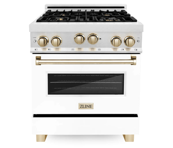 ZLINE Autograph Edition 30" 4.0 cu. ft. Range with Gas Stove and Gas Oven in DuraSnow® Stainless Steel with White Matte Door and Gold Accents (RGSZ-WM-30-G) Ranges ZLINE 