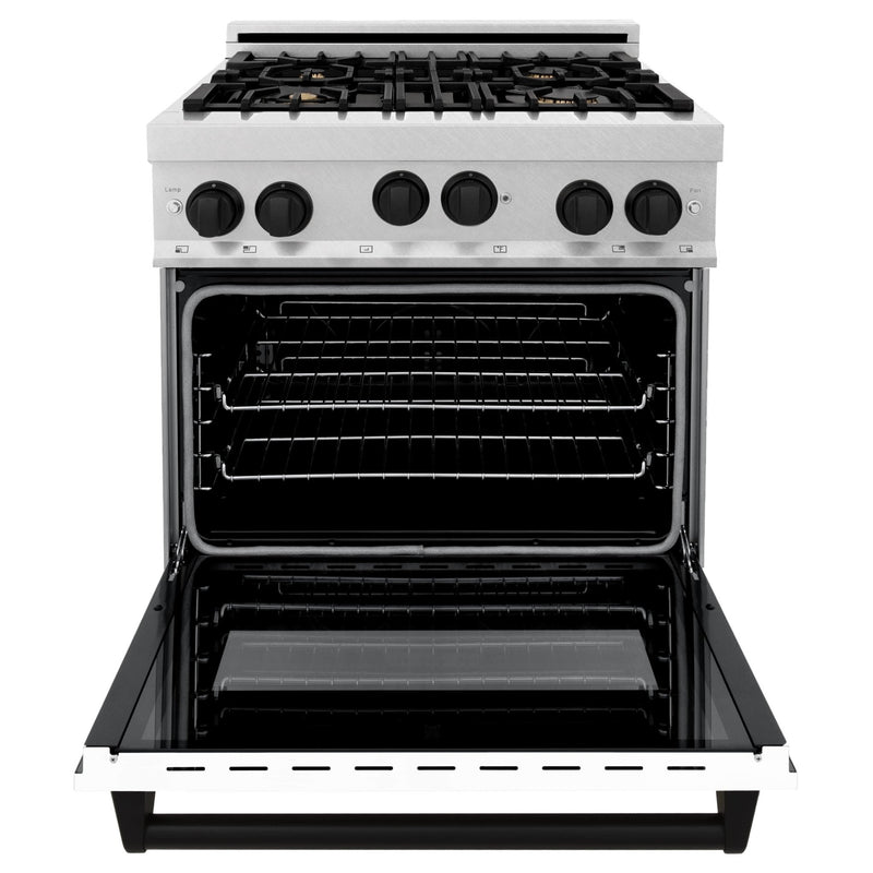 ZLINE Autograph Edition 30" 4.0 cu. ft. Range with Gas Stove and Gas Oven in DuraSnow® Stainless Steel with White Matte Door and Matte Black Accents (RGSZ-WM-30-MB) Ranges ZLINE 