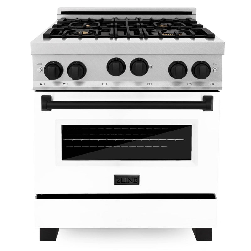 ZLINE Autograph Edition 30" 4.0 cu. ft. Range with Gas Stove and Gas Oven in DuraSnow® Stainless Steel with White Matte Door and Matte Black Accents (RGSZ-WM-30-MB) Ranges ZLINE 