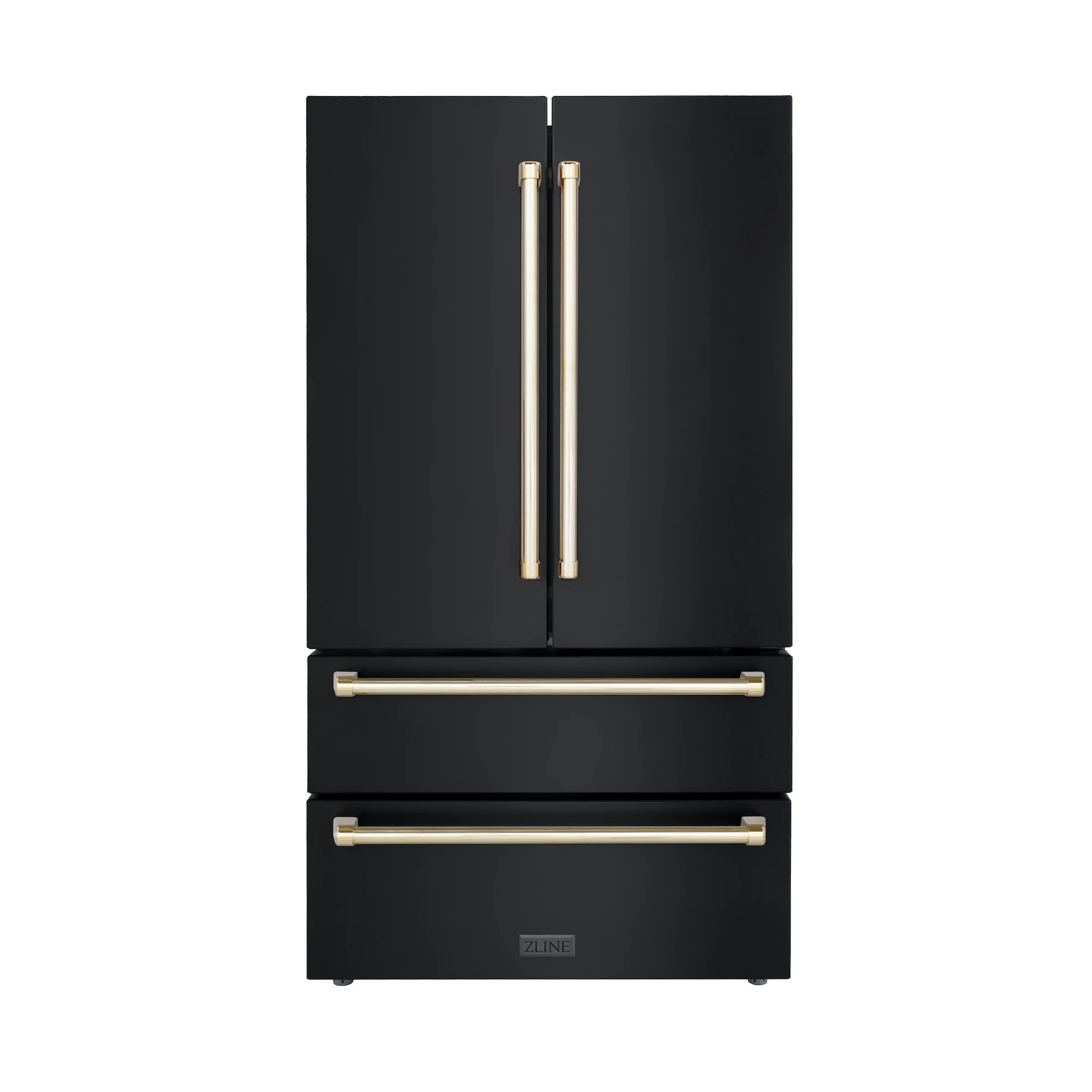 Black stainless refrigerator with two tall gold door handles and lower drawer pulls