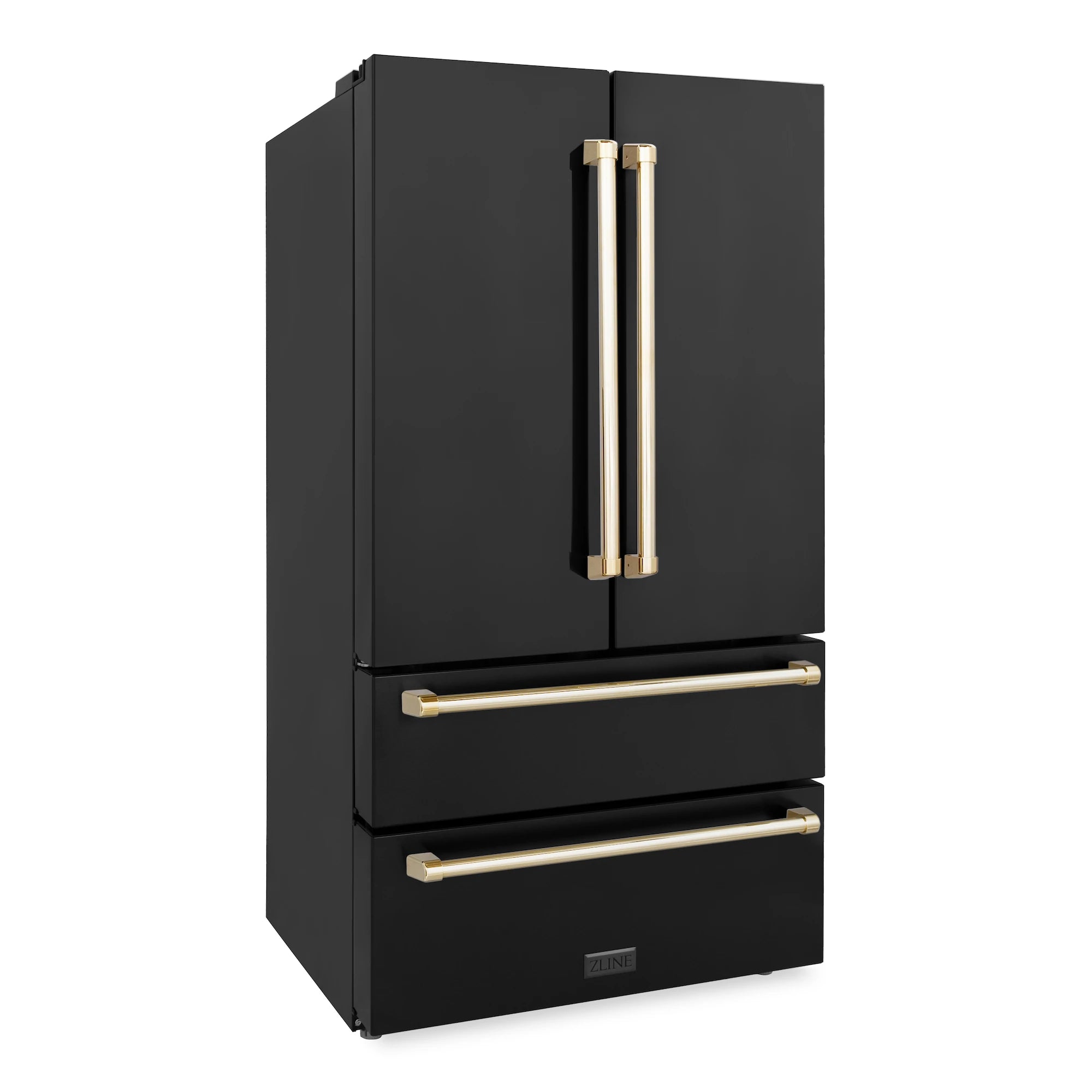 Black stainless refrigerator with gold handles, two drawers, and corner view