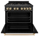 ZLINE Autograph Edition 4-Piece Appliance Package - 36-Inch Dual Fuel Range, Refrigerator, Wall Mounted Range Hood, and 24-Inch Tall Tub Dishwasher in Black Stainless Steel with Gold Trim (4AKPR-RABRHDWV36-G)