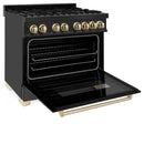 ZLINE Autograph Edition 3-Piece Appliance Package - 36-Inch Dual Fuel Range, Wall Mounted Range Hood, & 24-Inch Tall Tub Dishwasher in Black Stainless Steel with Gold Trim (3AKP-RABRHDWV36-G)