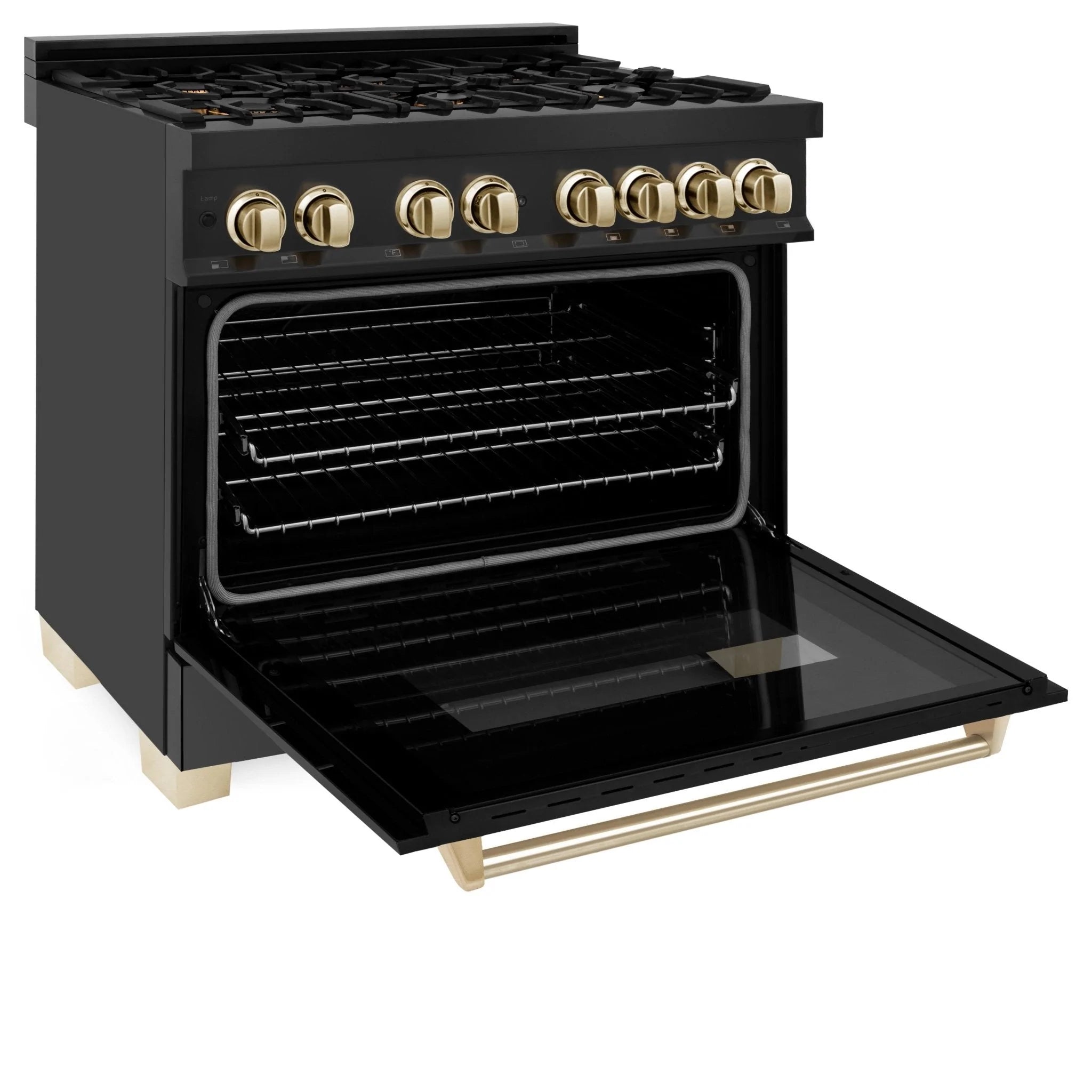 Black dual fuel range with open oven door, brass control knobs and gold trim