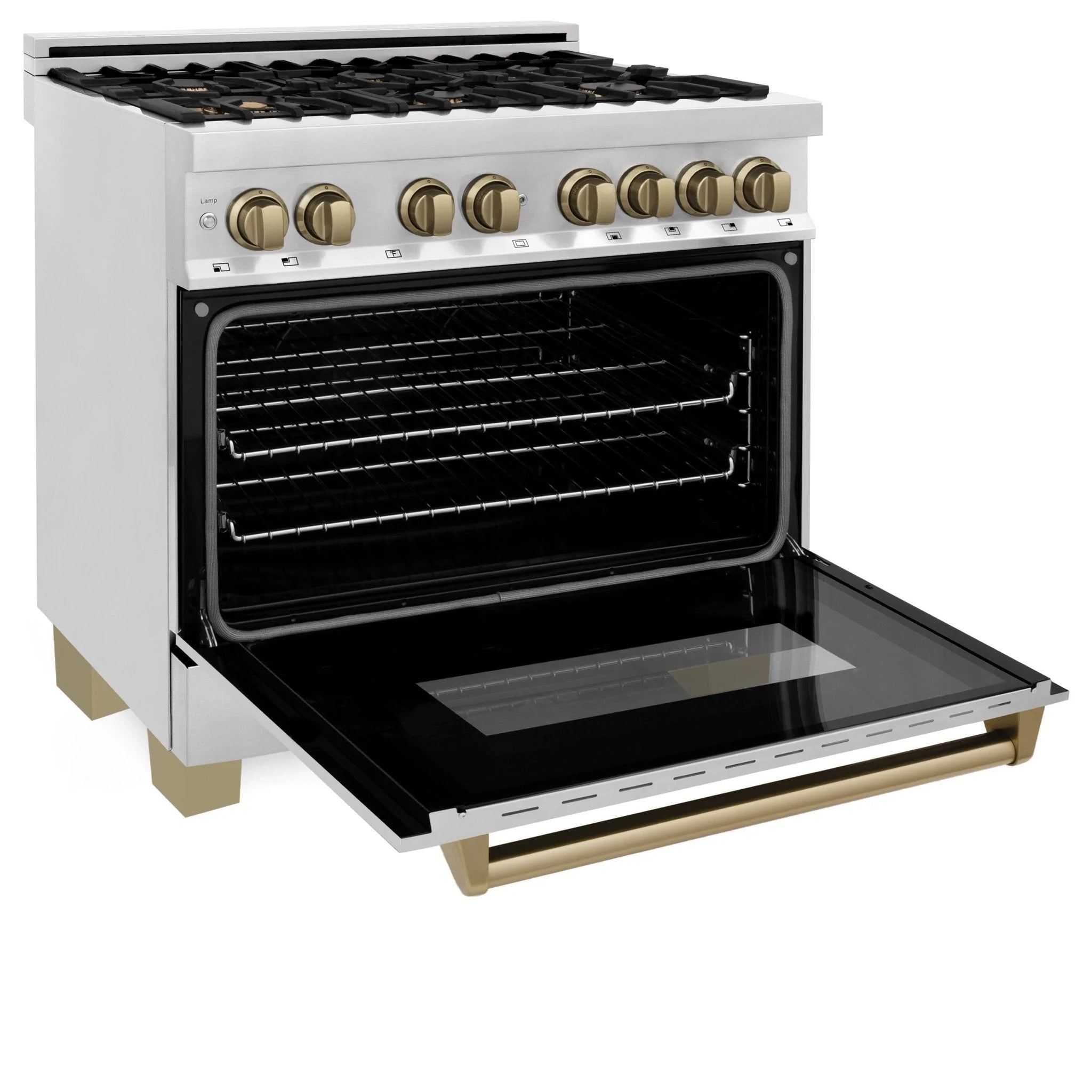 Dual fuel range with oven door open, black interior and bronze accents