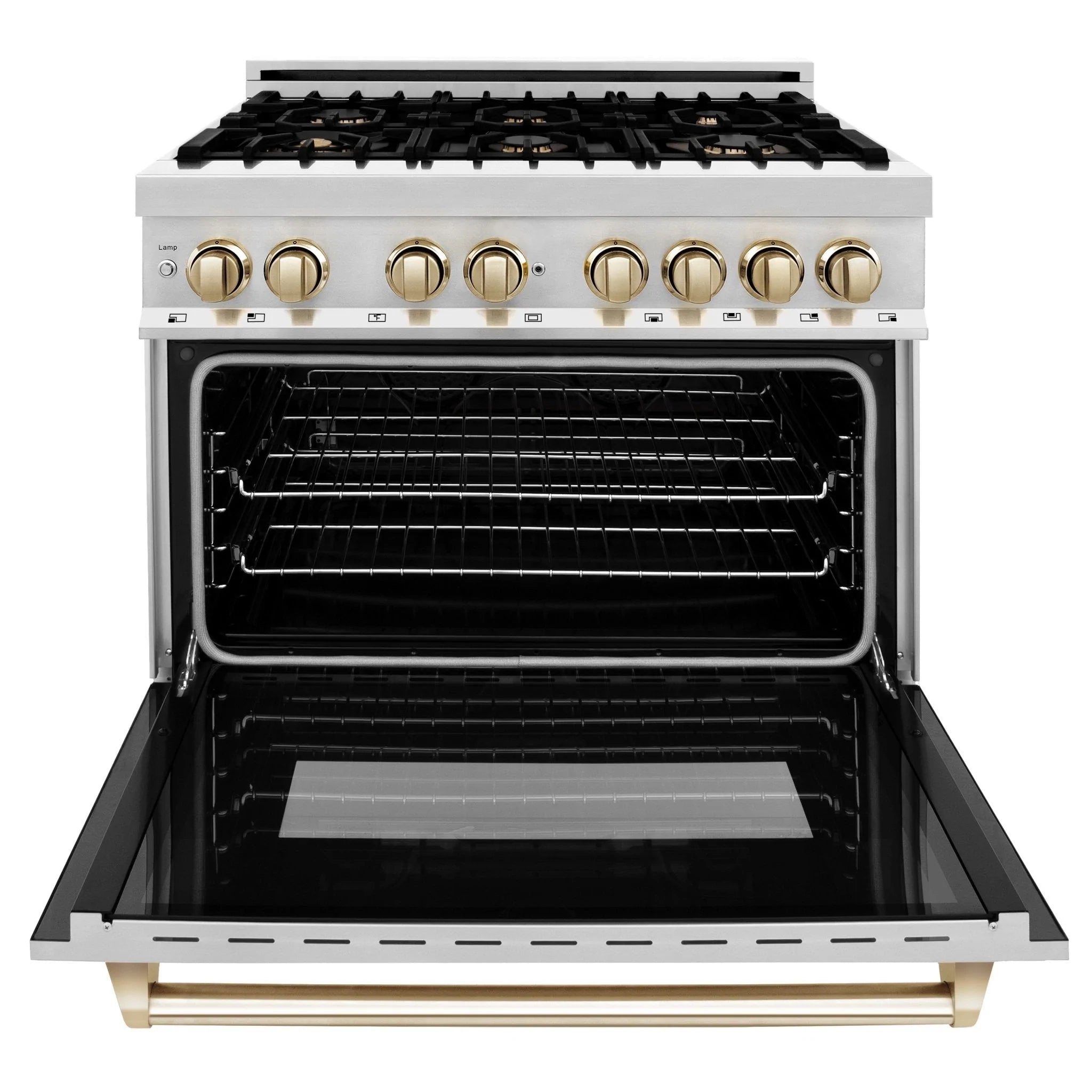 Stainless oven range with open door, black interior racks, and gold trim handle