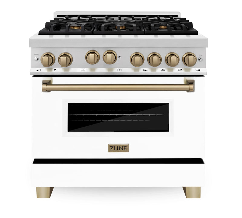 ZLINE Autograph Edition 36" 4.6 cu. ft. Range with Gas Stove and Gas Oven in DuraSnow® Stainless Steel with White Matte Door and Champagne Bronze Accents (RGSZ-WM-36-CB) Ranges ZLINE 