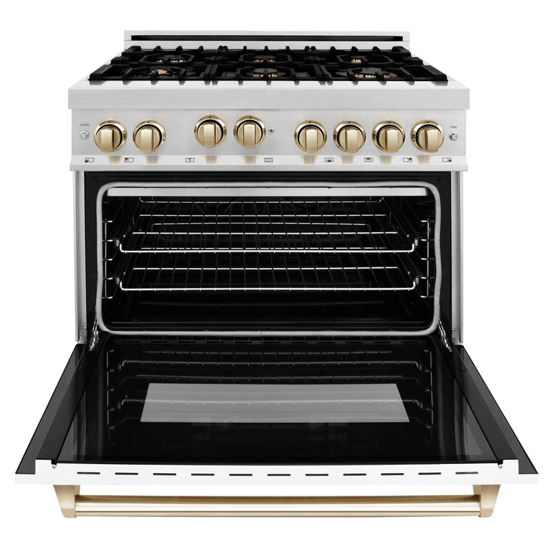 ZLINE Autograph Edition 36" 4.6 cu. ft. Range with Gas Stove and Gas Oven in DuraSnow® Stainless Steel with White Matte Door and Gold Accents (RGSZ-WM-36-G) Ranges ZLINE 
