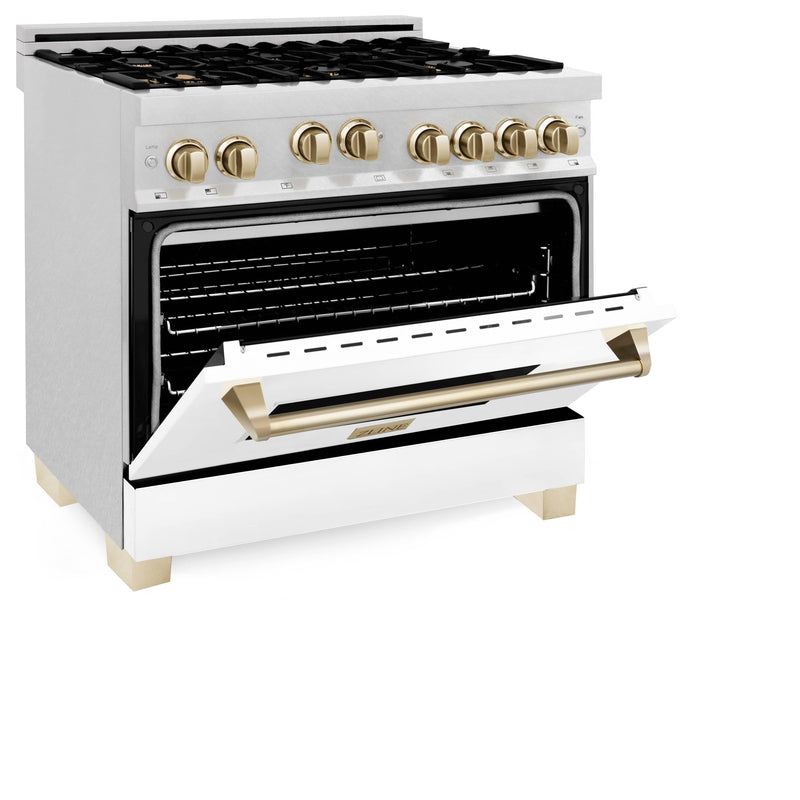 ZLINE Autograph Edition 36" 4.6 cu. ft. Range with Gas Stove and Gas Oven in DuraSnow® Stainless Steel with White Matte Door and Gold Accents (RGSZ-WM-36-G) Ranges ZLINE 