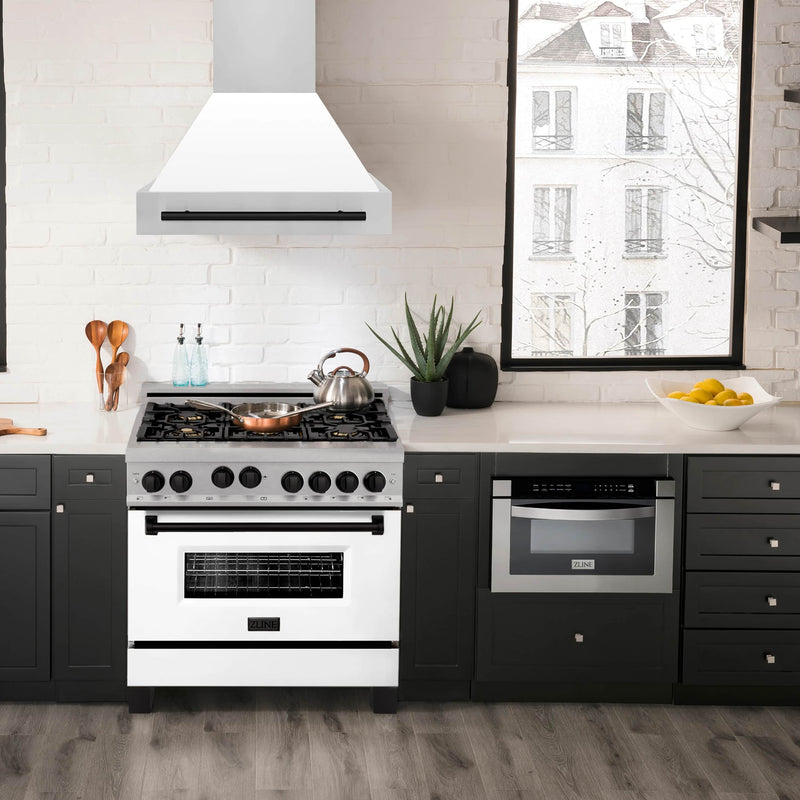 ZLINE Autograph Edition 36" 4.6 cu. ft. Range with Gas Stove and Gas Oven in DuraSnow® Stainless Steel with White Matte Door and Matte Black Accents (RGSZ-WM-36-MB) Ranges ZLINE 