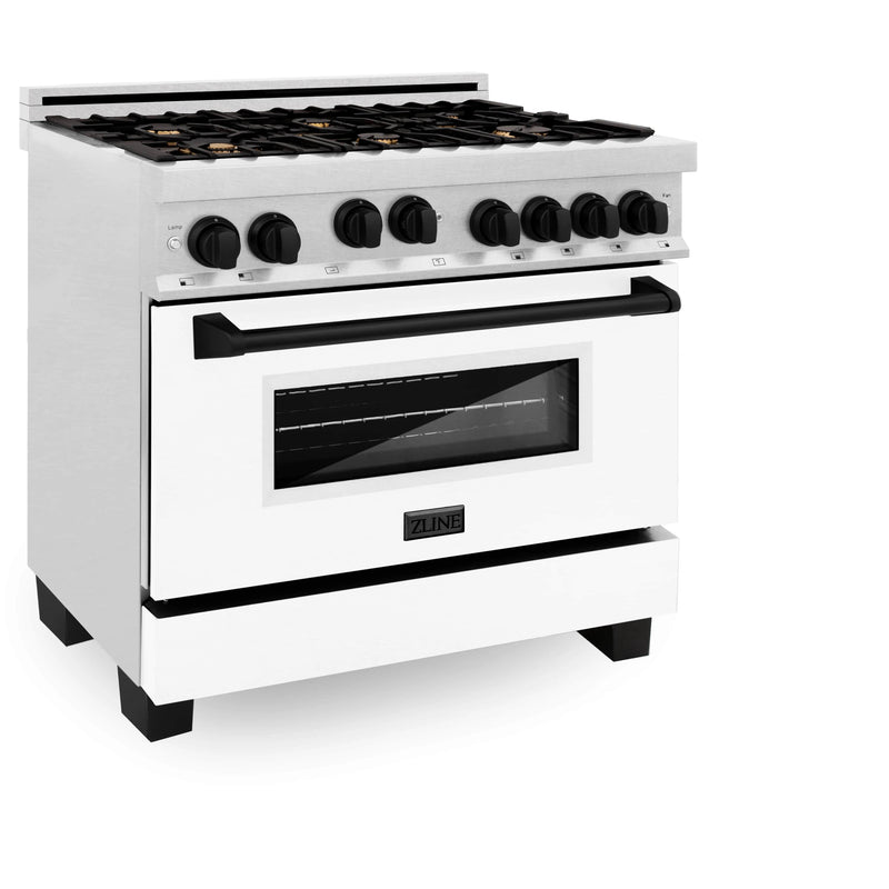 ZLINE Autograph Edition 36" 4.6 cu. ft. Range with Gas Stove and Gas Oven in DuraSnow® Stainless Steel with White Matte Door and Matte Black Accents (RGSZ-WM-36-MB) Ranges ZLINE 