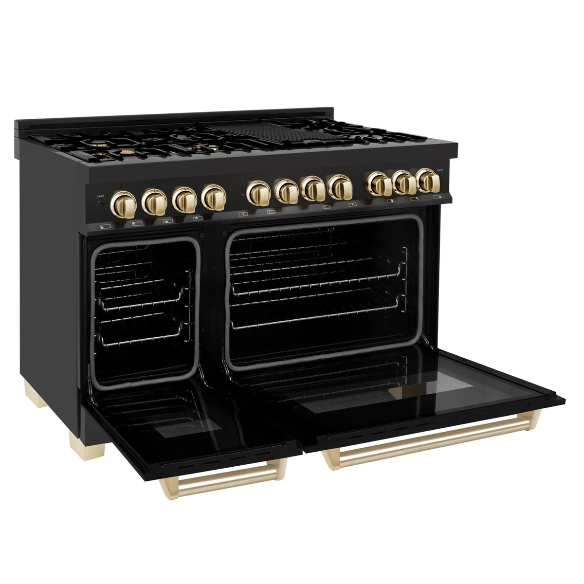 Black dual fuel range with two open oven doors and gold-trimmed controls