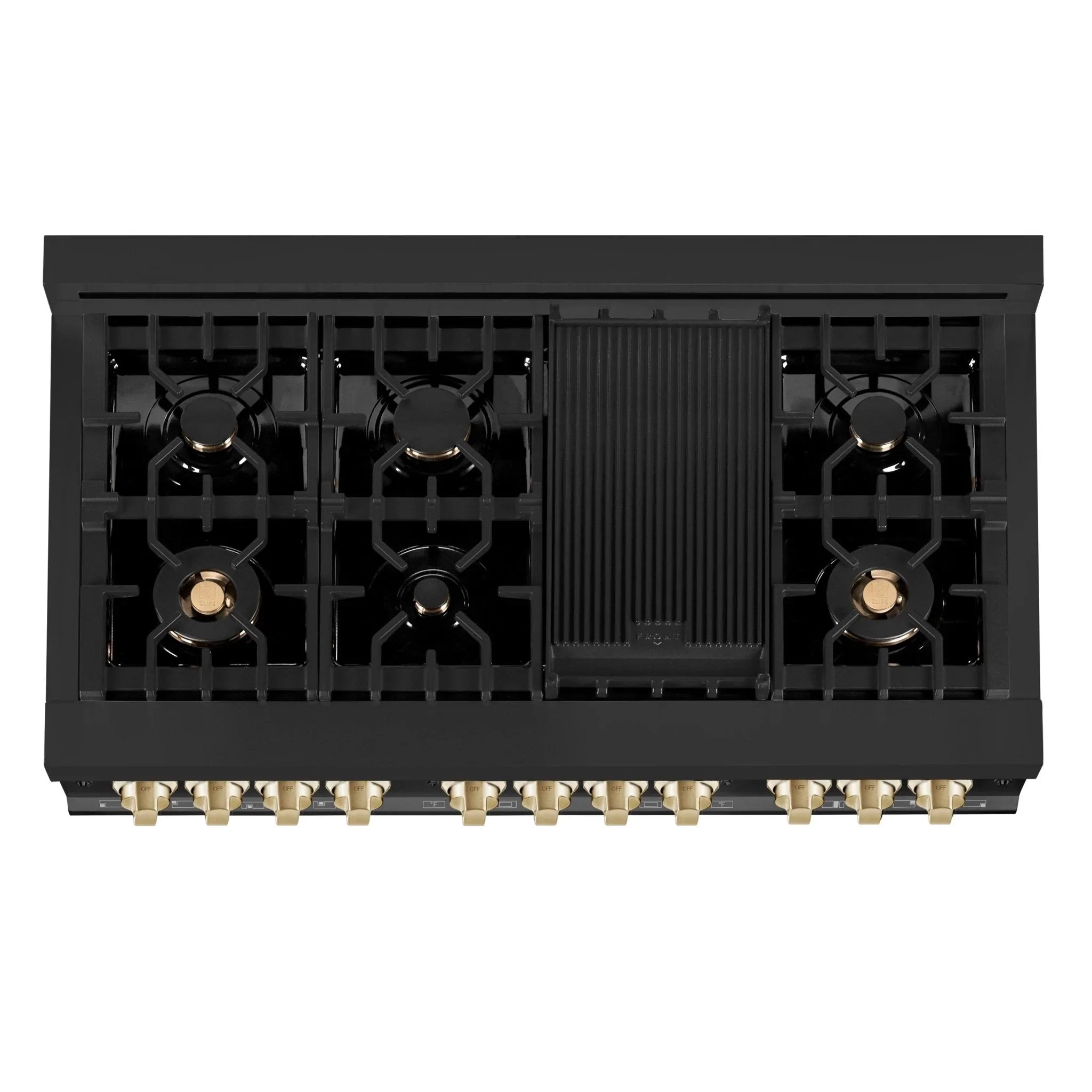 Underside view of burner grates and central heat shield on black cooktop