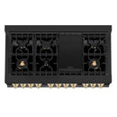 ZLINE Autograph Edition 4-Piece Appliance Package - 48-Inch Dual Fuel Range, Refrigerator with Water Dispenser, Wall Mounted Range Hood, & 24-Inch Tall Tub Dishwasher in Black Stainless Steel with Gold Trim (4KAPR-RABRHDWV48-G)