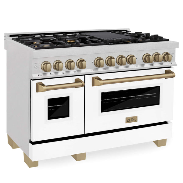 ZLINE Autograph Edition 48" 6.0 cu. ft. Dual Fuel Range with Gas Stove and Electric Oven in DuraSnow® Stainless Steel with White Matte Door and Champagne Bronze Accents (RASZ-WM-48-CB) Ranges ZLINE 