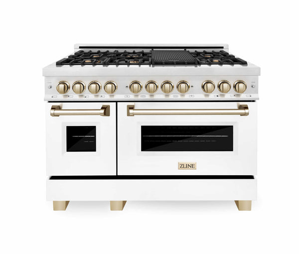 ZLINE Autograph Edition 48" 6.0 cu. ft. Dual Fuel Range with Gas Stove and Electric Oven in DuraSnow® Stainless Steel with White Matte Door and Gold Accents (RASZ-WM-48-G) Ranges ZLINE 