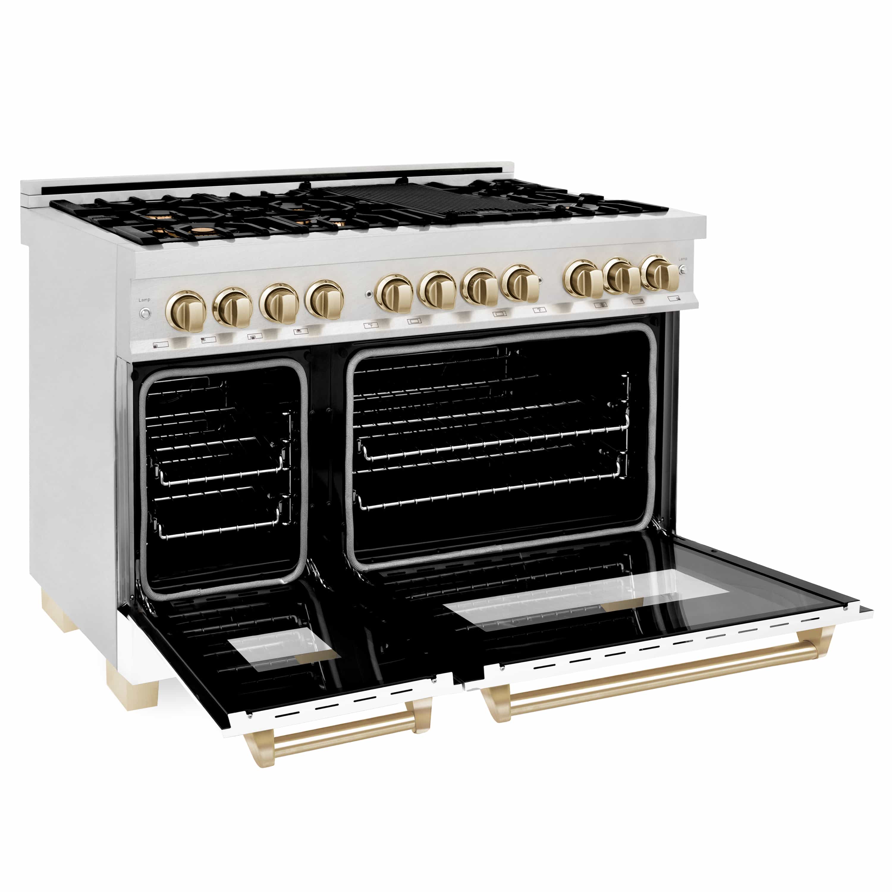 White dual fuel range with gold knobs and black gas burners, open electric oven