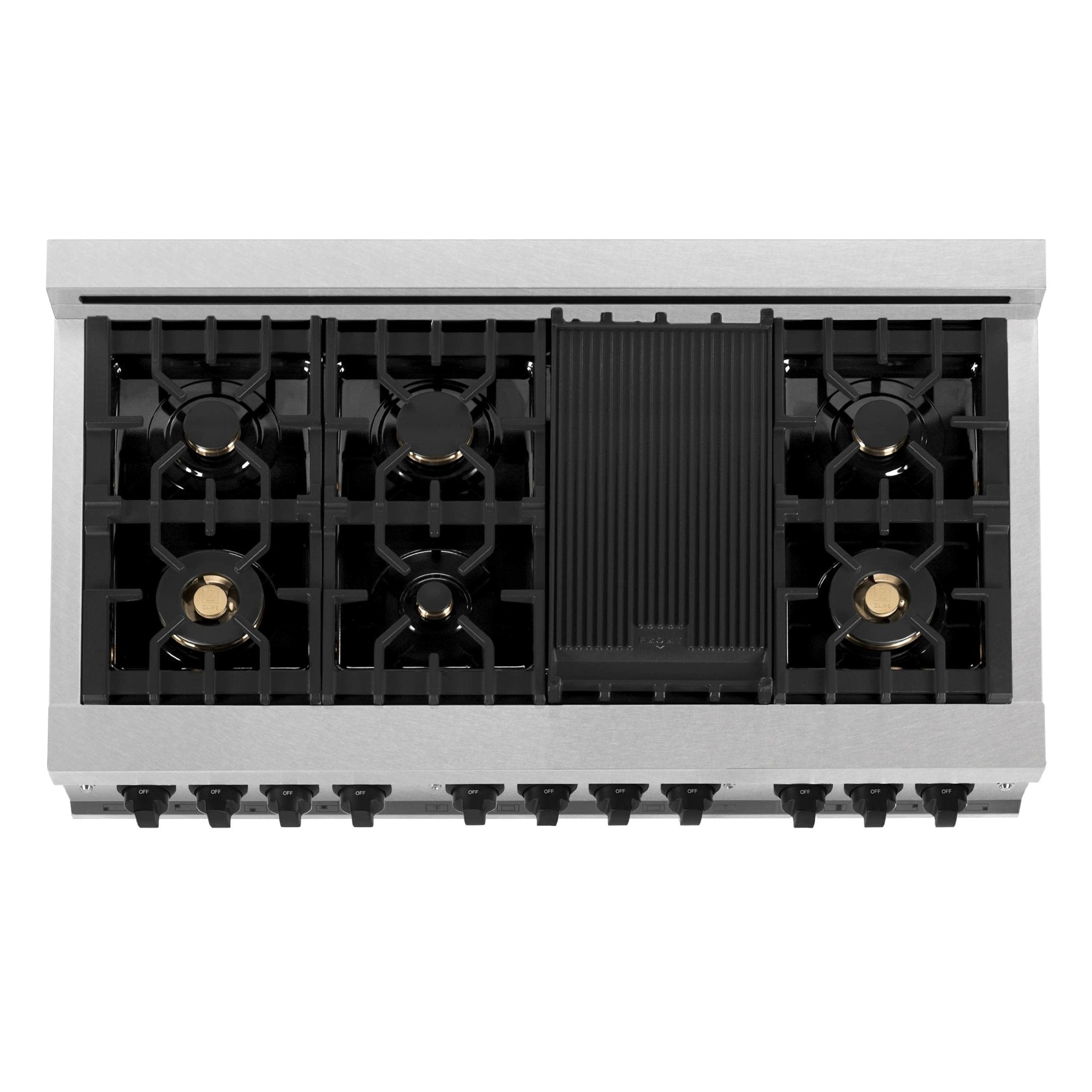 Cooktop burner layout with central black griddle and five black gas burners