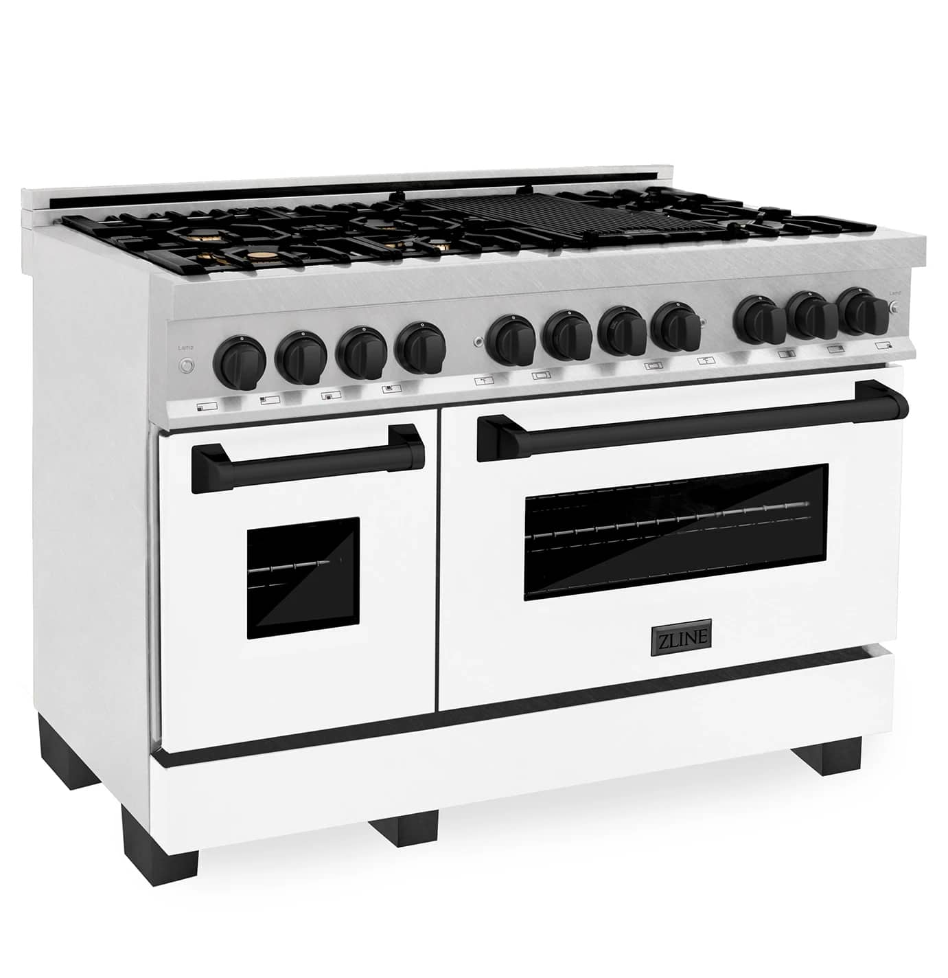 Dual fuel range front with black glass oven doors, white body and black cooktop grates
