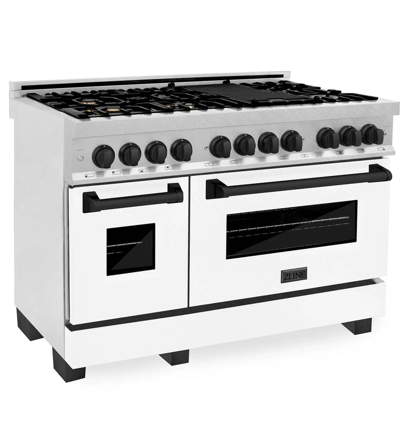 ZLINE Autograph Edition 48" 6.0 cu. ft. Dual Fuel Range with Gas Stove and Electric Oven in DuraSnow® Stainless Steel with White Matte Door and Matte Black Accents (RASZ-WM-48-MB) Ranges ZLINE 