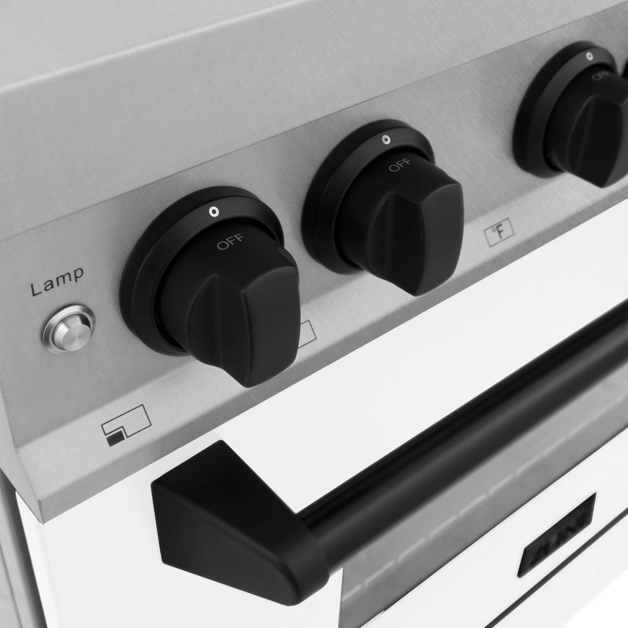 Dual fuel range control panel with matte black temperature and function knobs