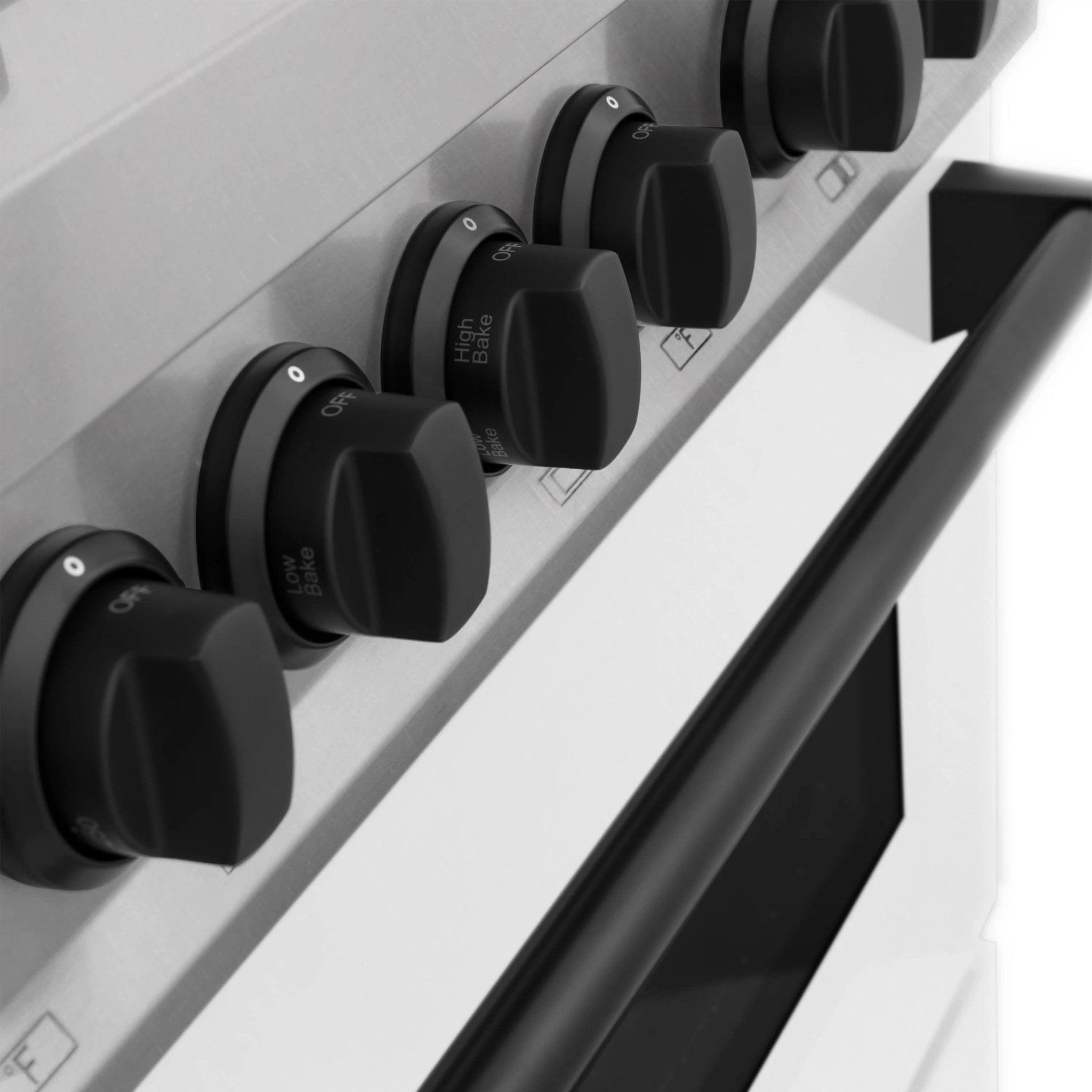 Dual fuel range row of matte black control knobs on stainless front panel