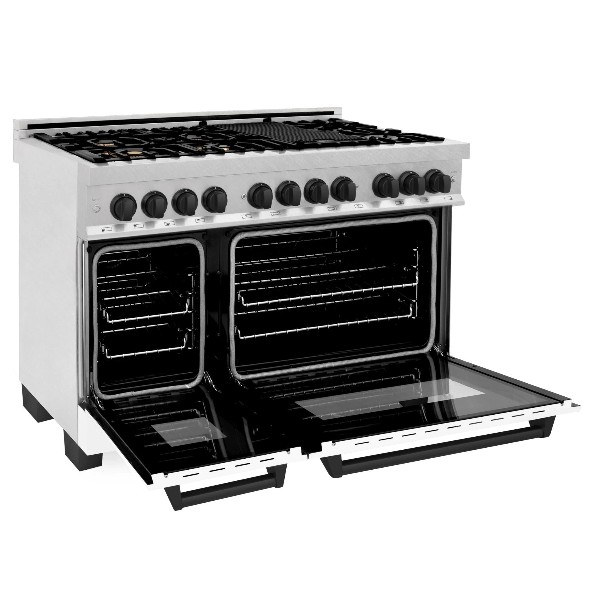 Dual fuel range with two open oven doors and black oven interiors