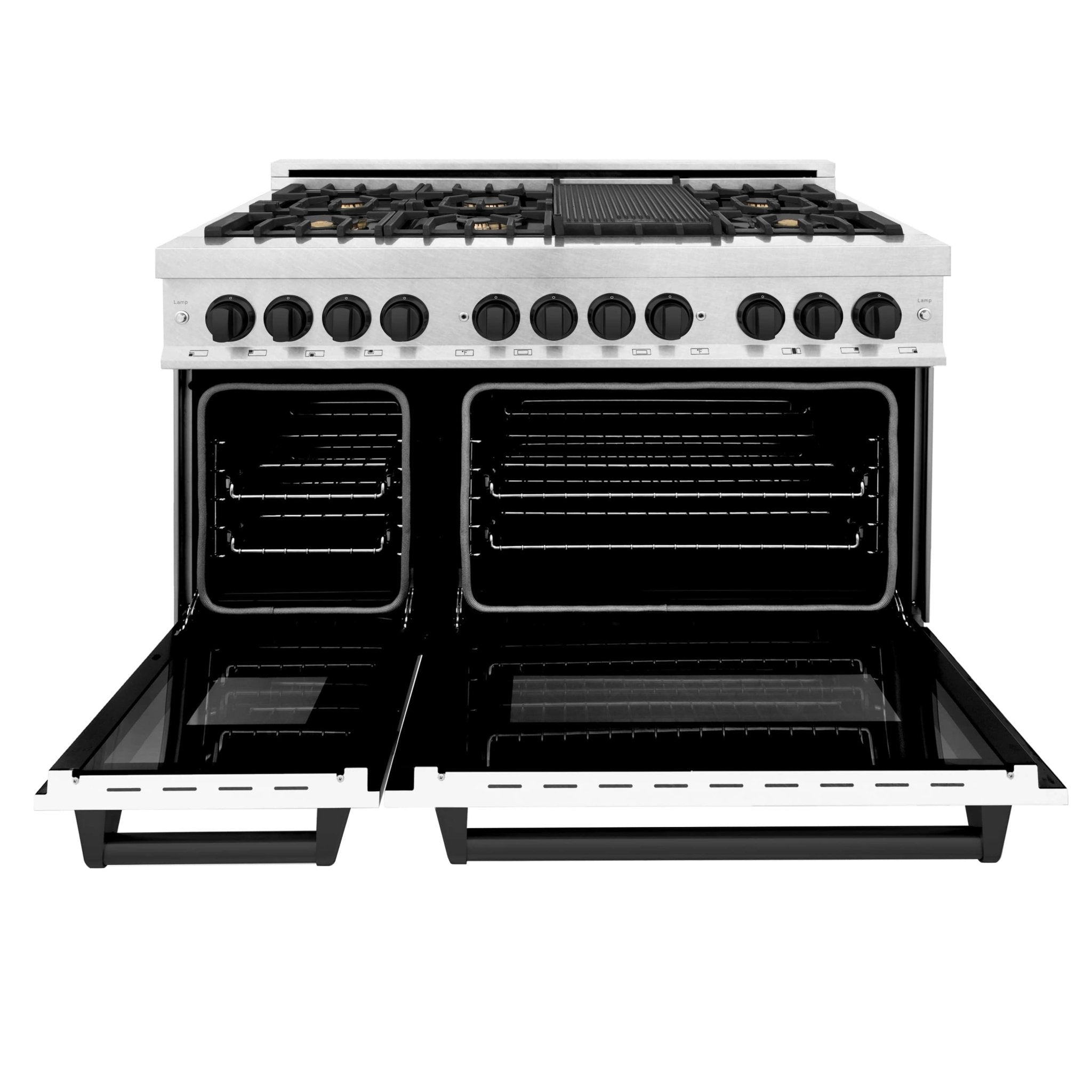 Open dual fuel oven with two black oven cavities and racks, white exterior frame