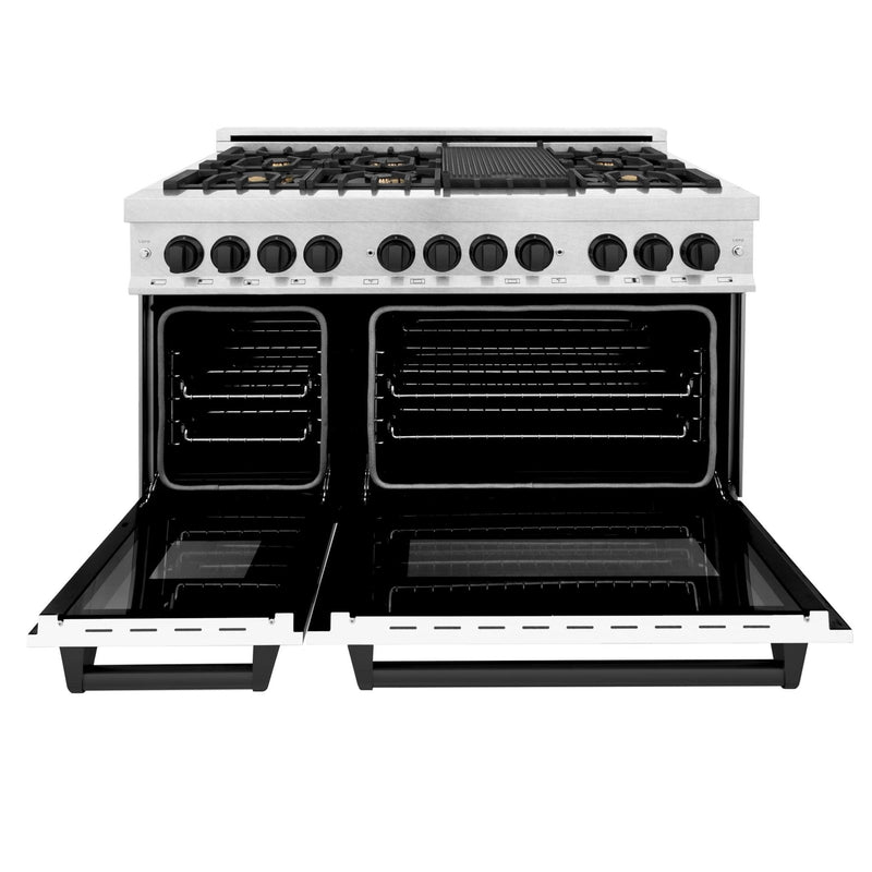 ZLINE Autograph Edition 48" 6.0 cu. ft. Dual Fuel Range with Gas Stove and Electric Oven in DuraSnow® Stainless Steel with White Matte Door and Matte Black Accents (RASZ-WM-48-MB) Ranges ZLINE 