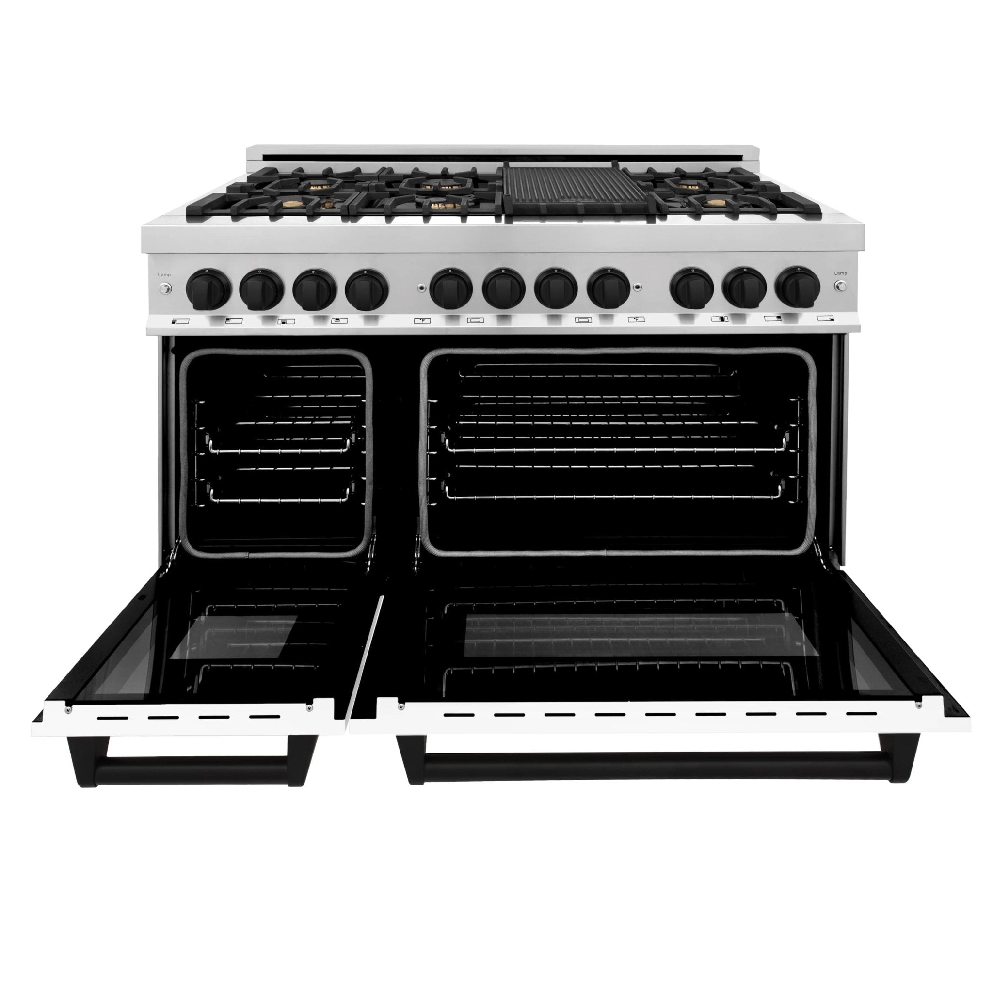 Dual-fuel range with open ovens showing two black cooking chambers and racks