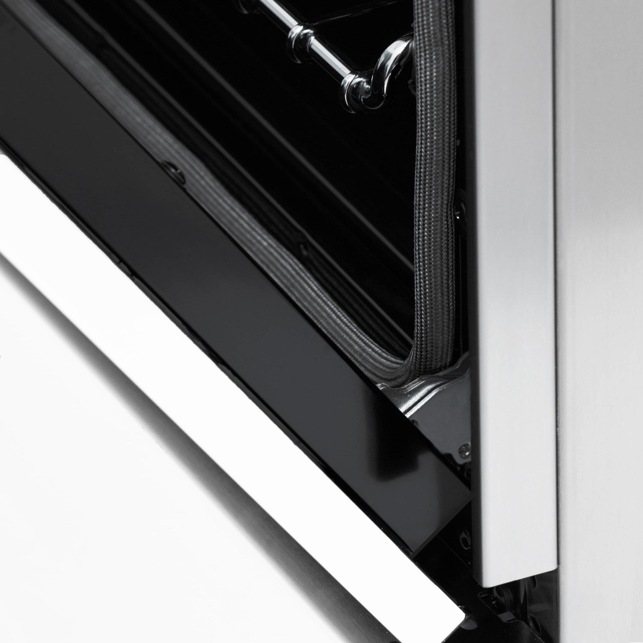 Oven door with black glass window and chrome handle, framed in white matte