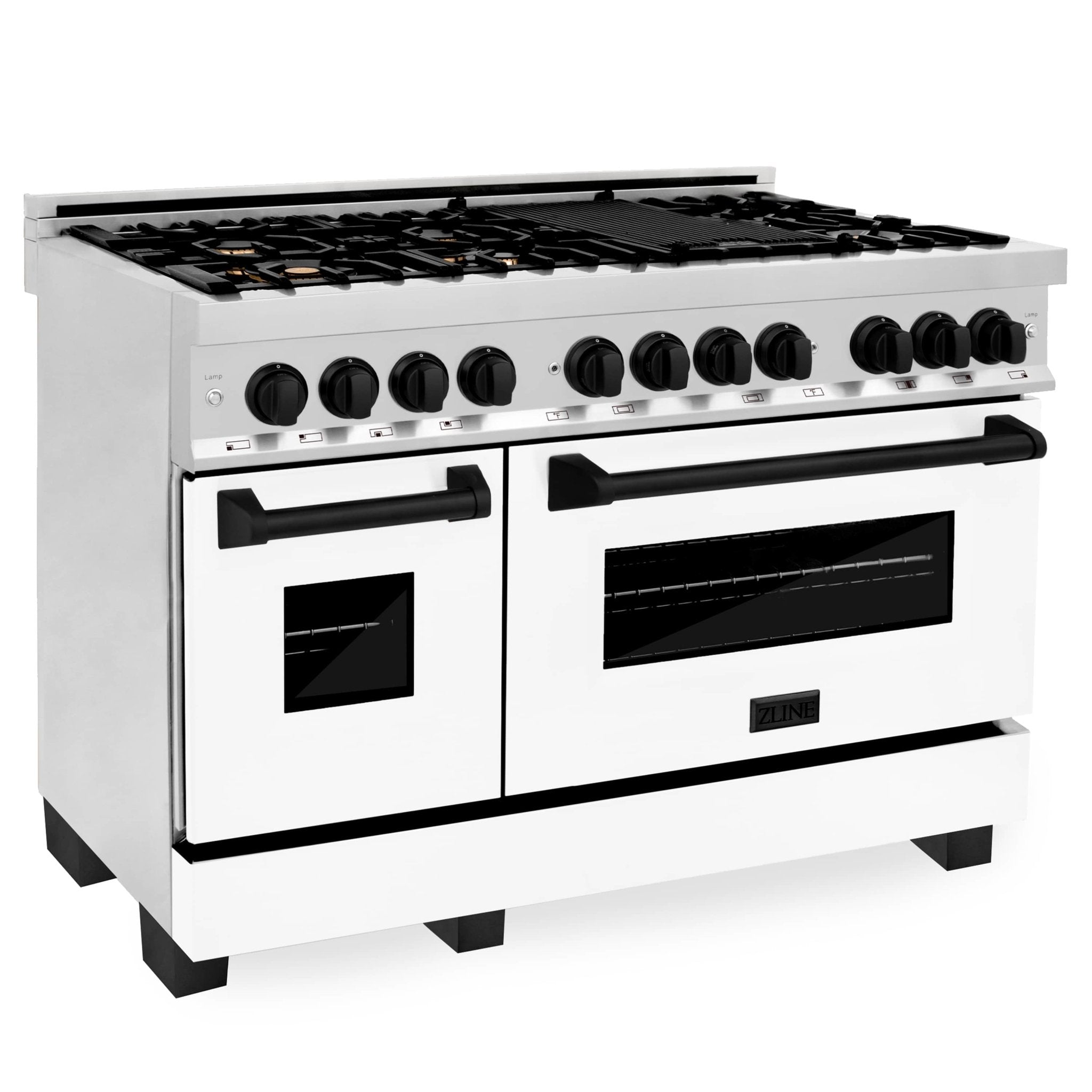 Dual-fuel range front view with white matte doors, black knobs, and glass oven windows