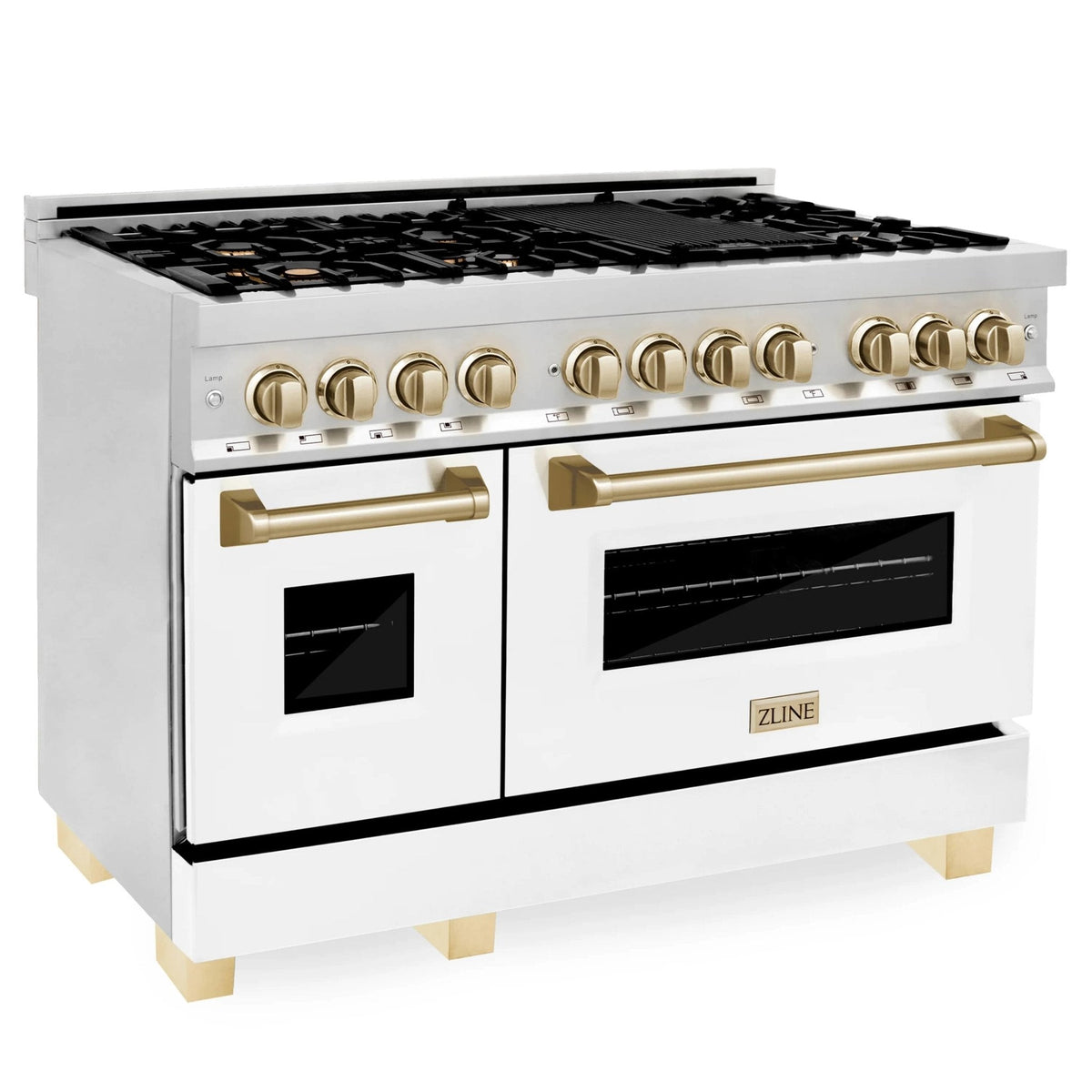 Stainless dual fuel range with white matte doors, gold handles, and control knobs