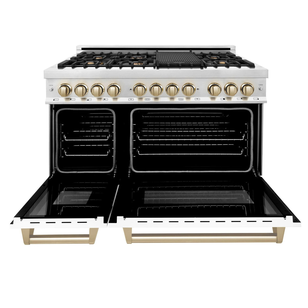 Dual fuel range with open stainless oven doors and gold-trim control knobs