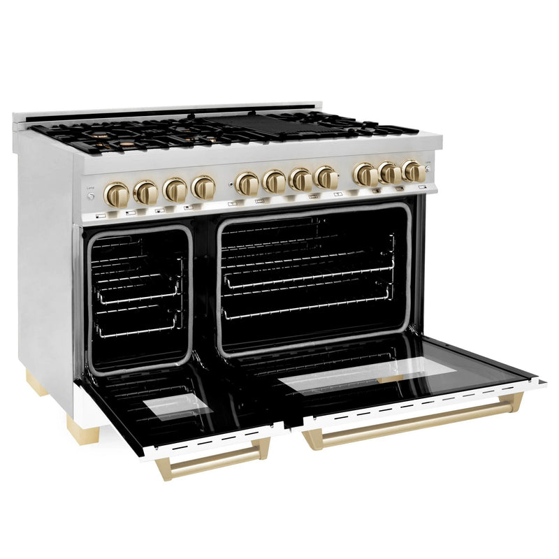 ZLINE Autograph Edition 48" 6.0 Cu. Ft. Dual Fuel Range With Gas Stove / Electric Oven in Stainless Steel with White Matte Doors and Gold Accents (RAZ-WM-48-G) Ranges ZLINE 