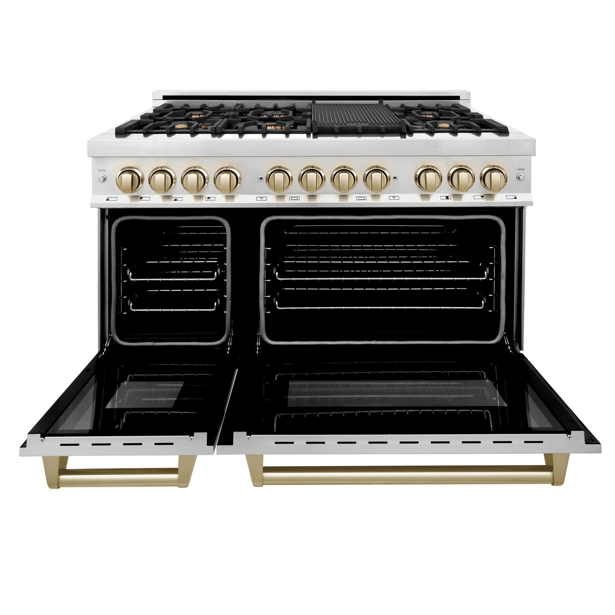 Dual fuel range with open stainless ovens and black burner grates