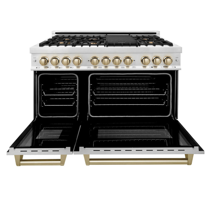 ZLINE Autograph Edition 48" 6.0 Cu. Ft. Freestanding Dual Fuel Range With Gas Stove And Electric Oven In Stainless Steel With Gold Accents (RAZ-48-G) Ranges ZLINE 