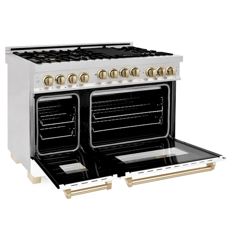 ZLINE Autograph Edition 48" 6.0 cu. ft. Range with Gas Stove and Gas Oven in DuraSnow® Stainless Steel with White Matte Door and Gold Accents (RGSZ-WM-48-G) Ranges ZLINE 
