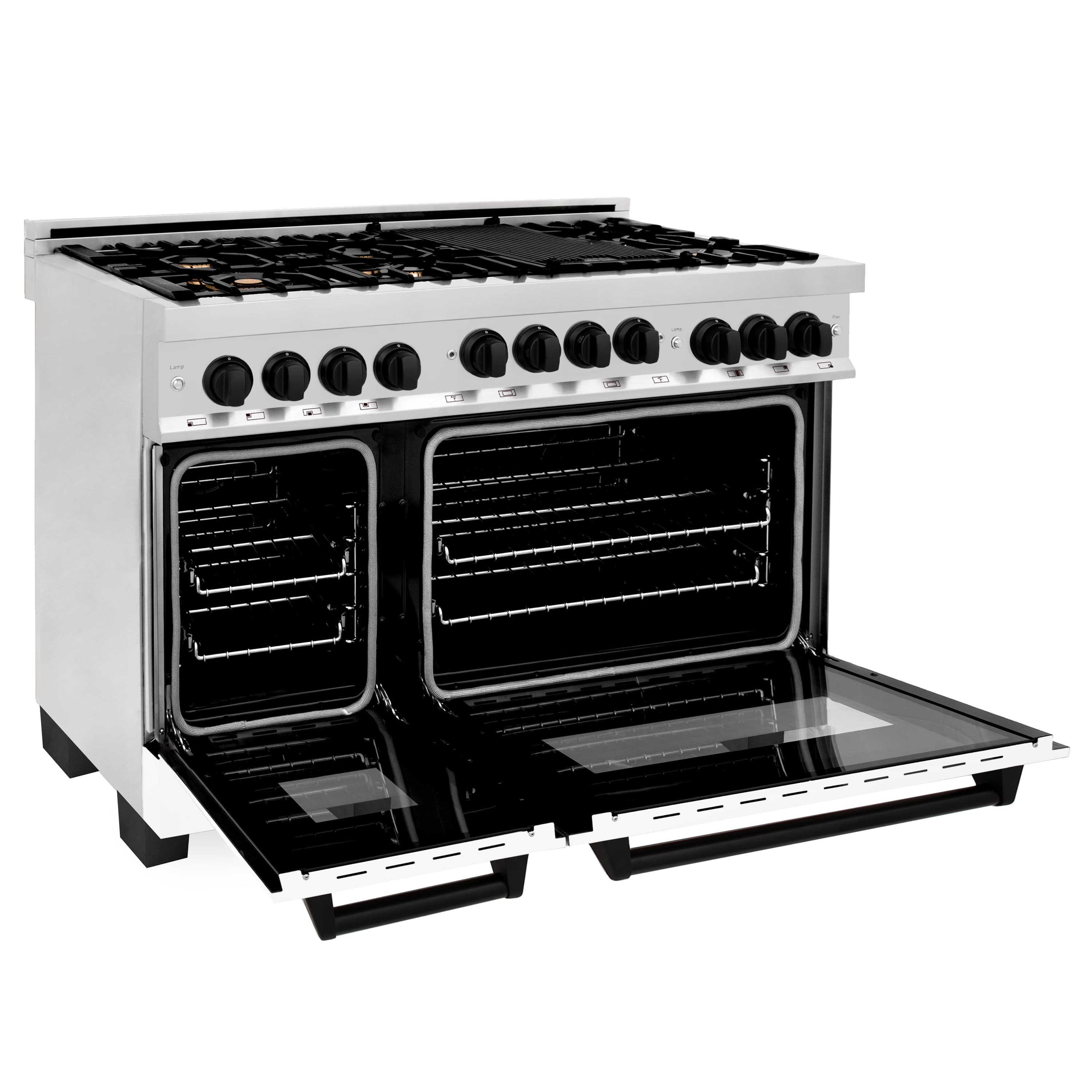 White gas range with two oven doors open and lower drawer pulled out