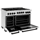 ZLINE Autograph Edition 4-Piece Appliance Package - 48-Inch Stainless Steel Gas Range, Refrigerator with Water Dispenser, Wall Mounted Range Hood, & 24-Inch Tall Tub Dishwasher in White Matte and Matte Black Accents (4AKPR-SGRWMRHDWM48-MB)